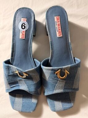 True Religion Light Blue Denim Logo Slide Mules